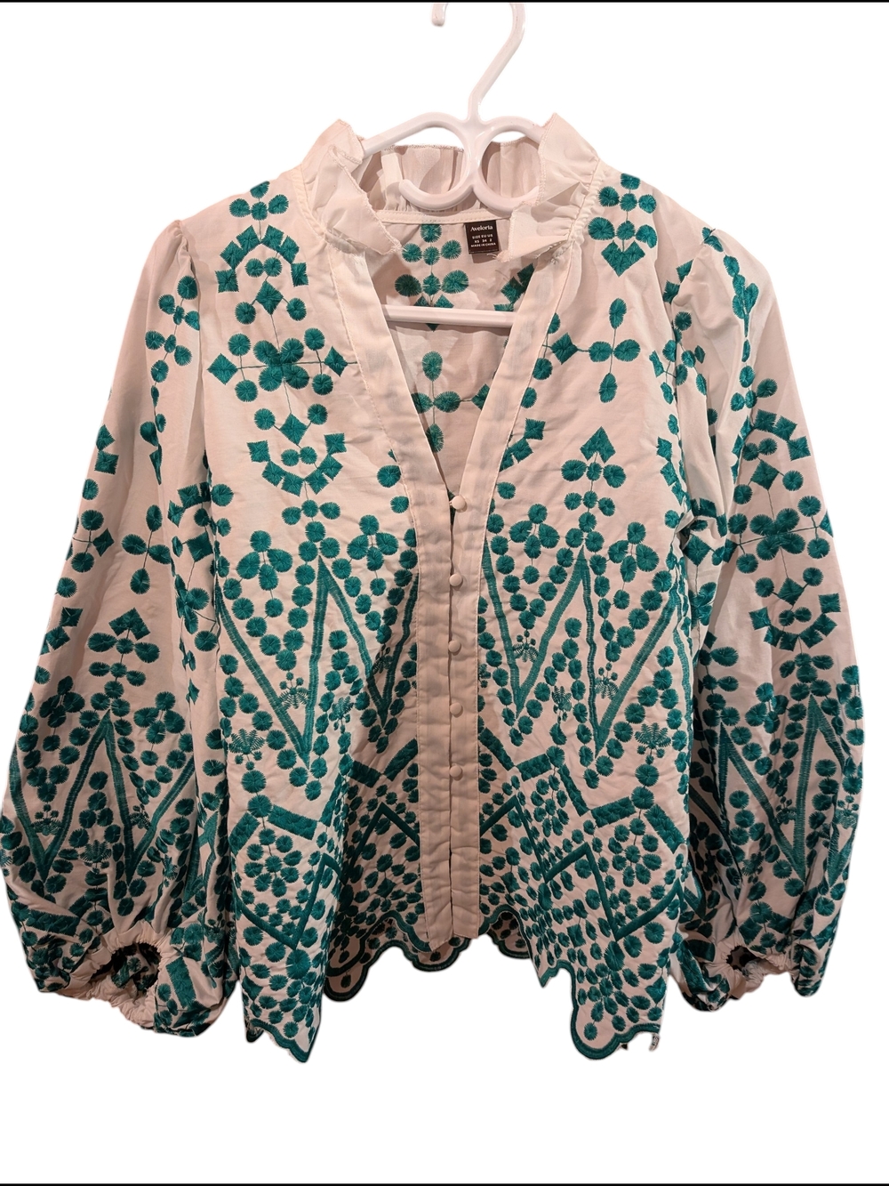 Embroidered White Peasant Blouse with Teal Pattern
